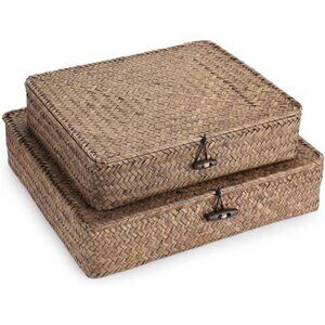 Set of 2 Flat Woven Wicker Storage Bins with Lid Natural Seagrass Basket